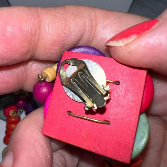 Vintage Tribal Painted Wood Earrings Three Strand Dangle Clip - Picture 4 of 7